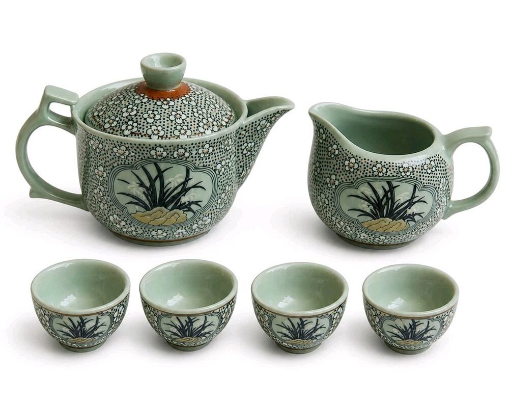 VNTG Asian Pottery Jian Zhan Kiln Miniature Celadon Floral Ceremonial Tea Set